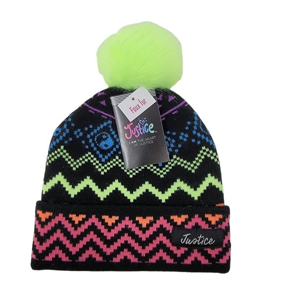 Justice Girls Winter Beanie Hat Rainbow Chevron w/Pom Pom One Size New With Tags - Picture 1 of 3
